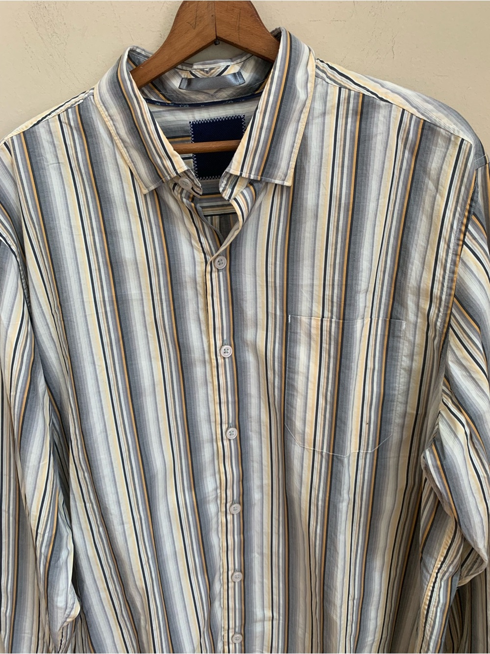 Tommy Bahama Striped Chest Pocket Pima Cotton Button Gray Blue Yellow Shirt Sz L